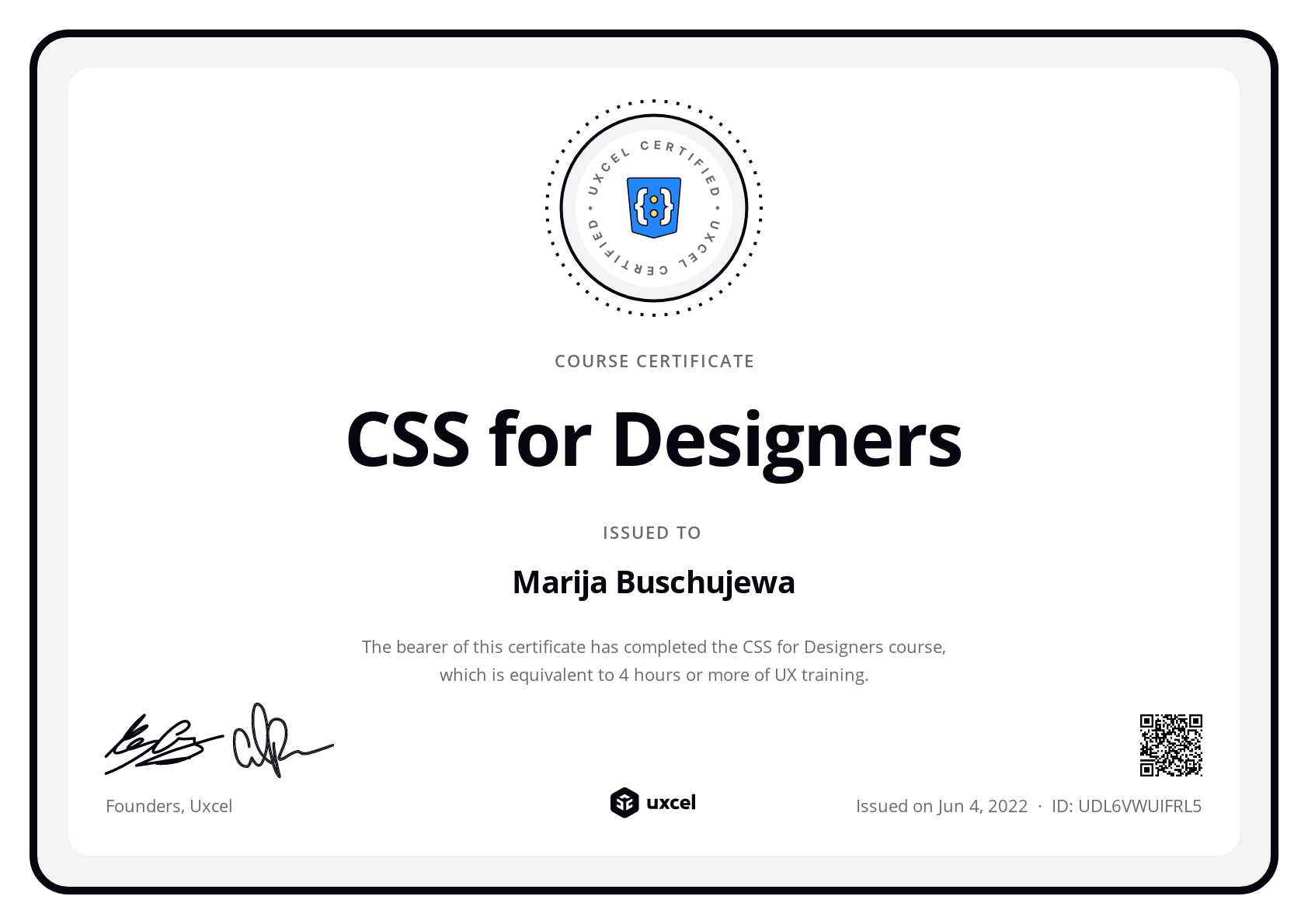 Marija Buschujewa's certificate
